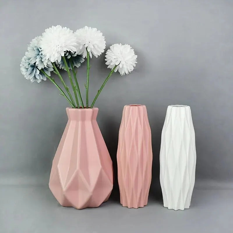 Vase Moderne Nordique en Plastique – Décoration Élégante Blanc, Rose & Vert